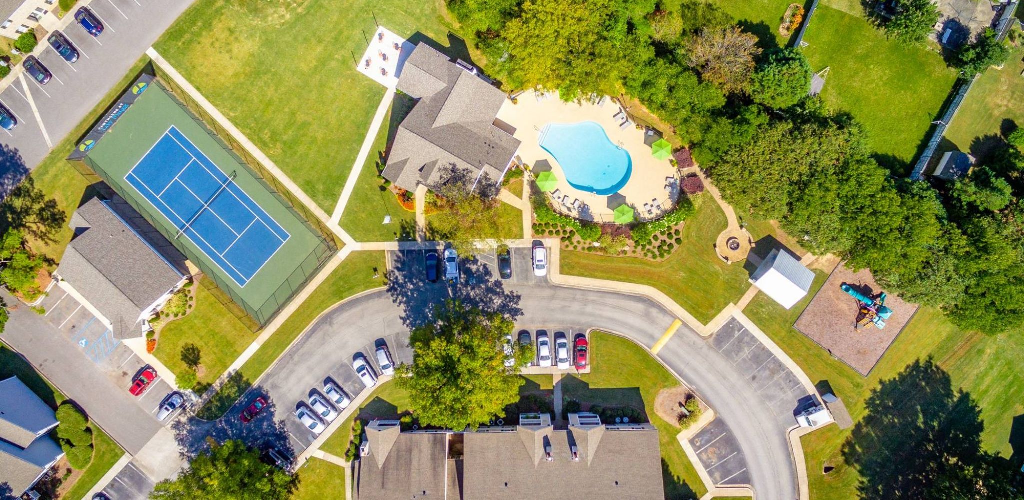 Hawthorne at Lily Flagg aerial view of apartment community and surrounding landscape