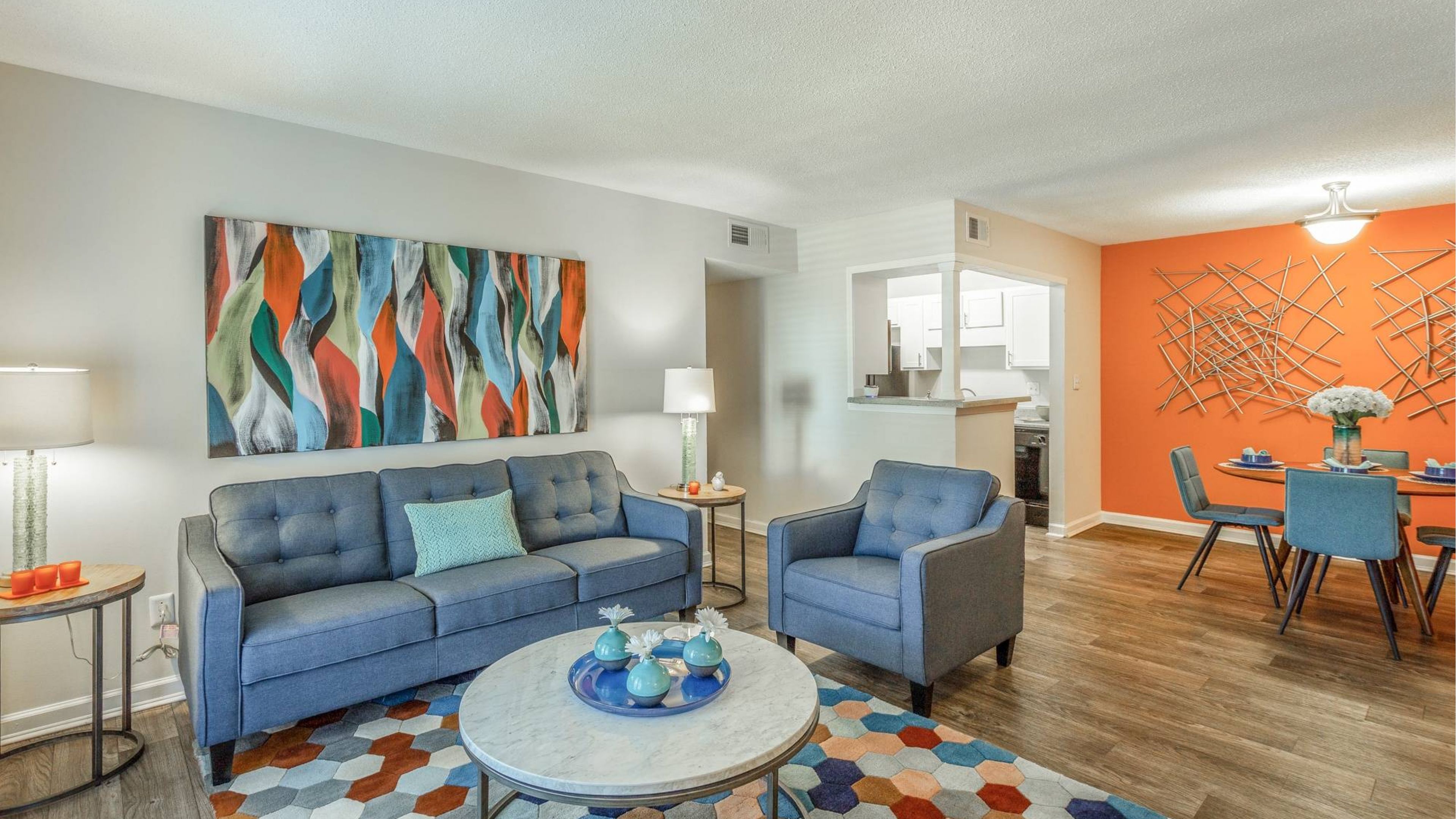 Hawthorne at Lily Flagg apartment living room and dining area with wood floors and large open plan living area