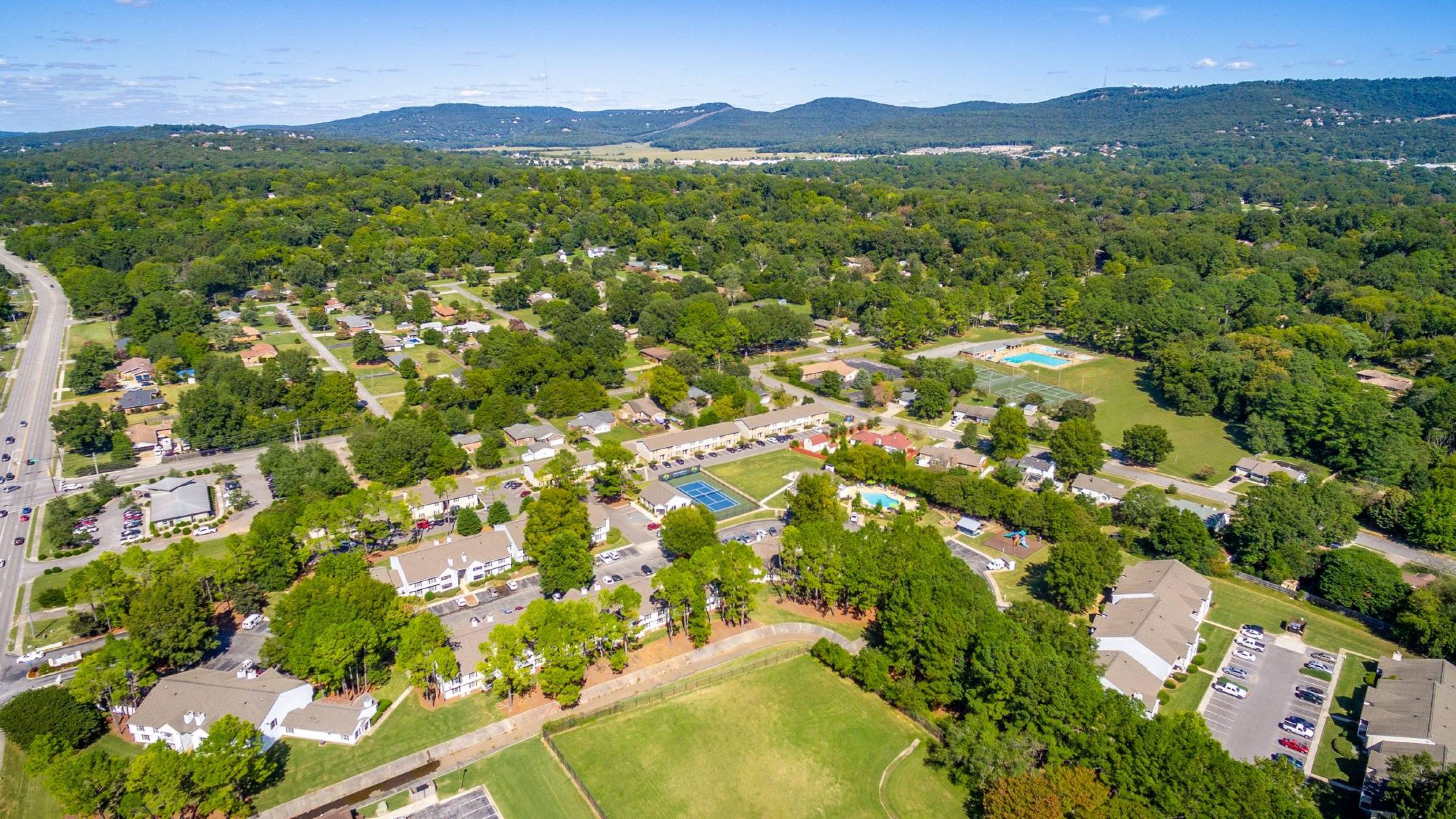 Hawthorne at Lily Flagg aerial view of apartment community and surrounding landscape